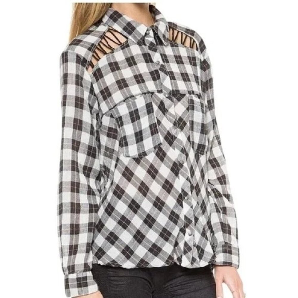 Free People Plaid Lace Up Shoulder Snap Top in Black & White - Sz S